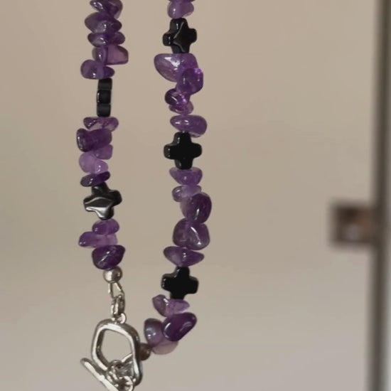 purple amethyst with black onyx chocker necklace sterling silver rhodium clasp