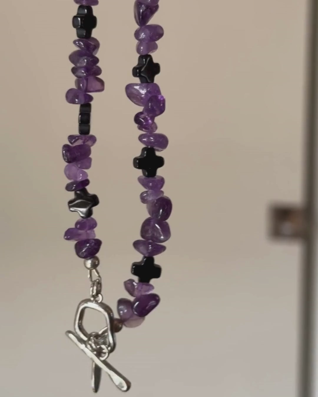 purple amethyst with black onyx chocker necklace sterling silver rhodium clasp