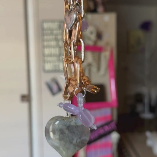 golden heart bag charm labradorite recycled jewelry  y2k