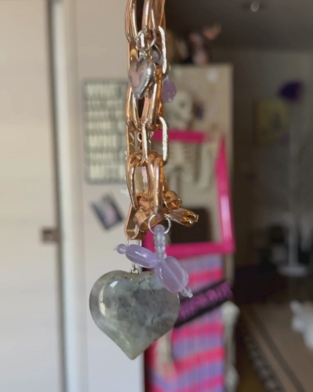 golden heart bag charm labradorite recycled jewelry  y2k