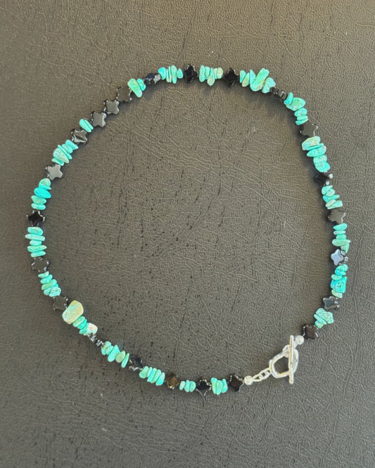 blue turquoise and black Onyx chicker necklace with sterling silver and rhodium clasp crystal authentic jewelry
