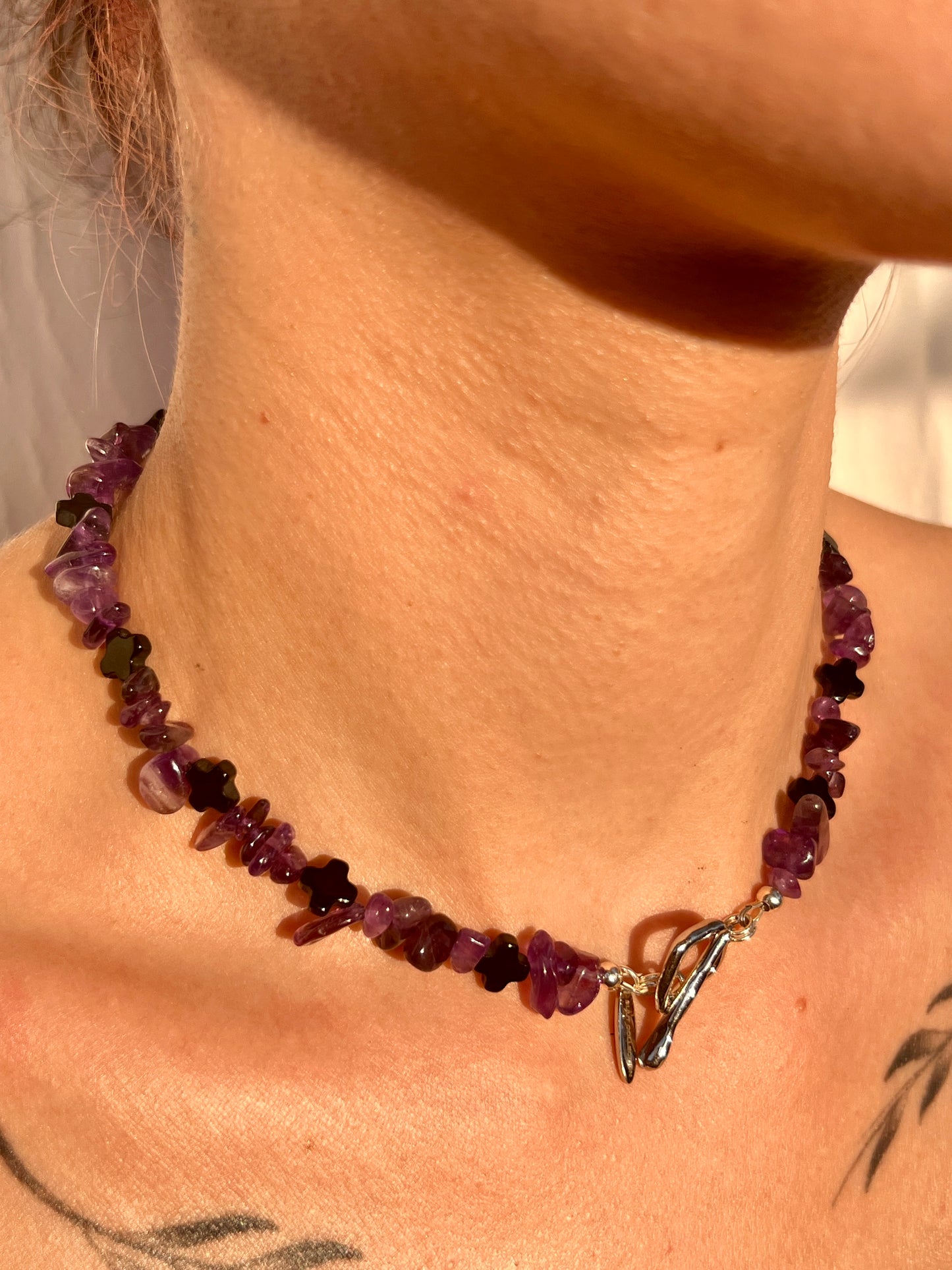 purple amethyst with black onyx chocker necklace sterling silver