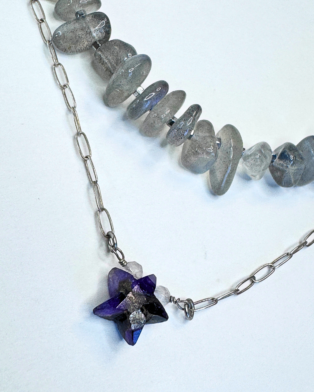 Necklace with purple star-shaped pendant and gray beads on a white background