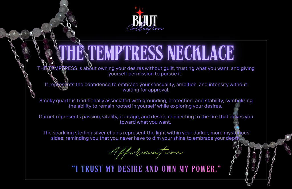 A promotional graphic for the BIJUT Collection 'The Temptress Necklace'. The necklace is shown draped on the left side, featuring a dark smoky quartz round pendant with dangling silver chains and purple crystal accents.