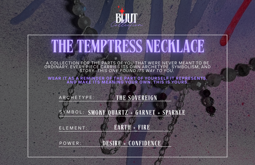 A promotional graphic for the BIJUT Collection's 'The Temptress Necklace'. The image features a dark, textured gray background with purple paint splatters and a black chain necklace draped across the top.